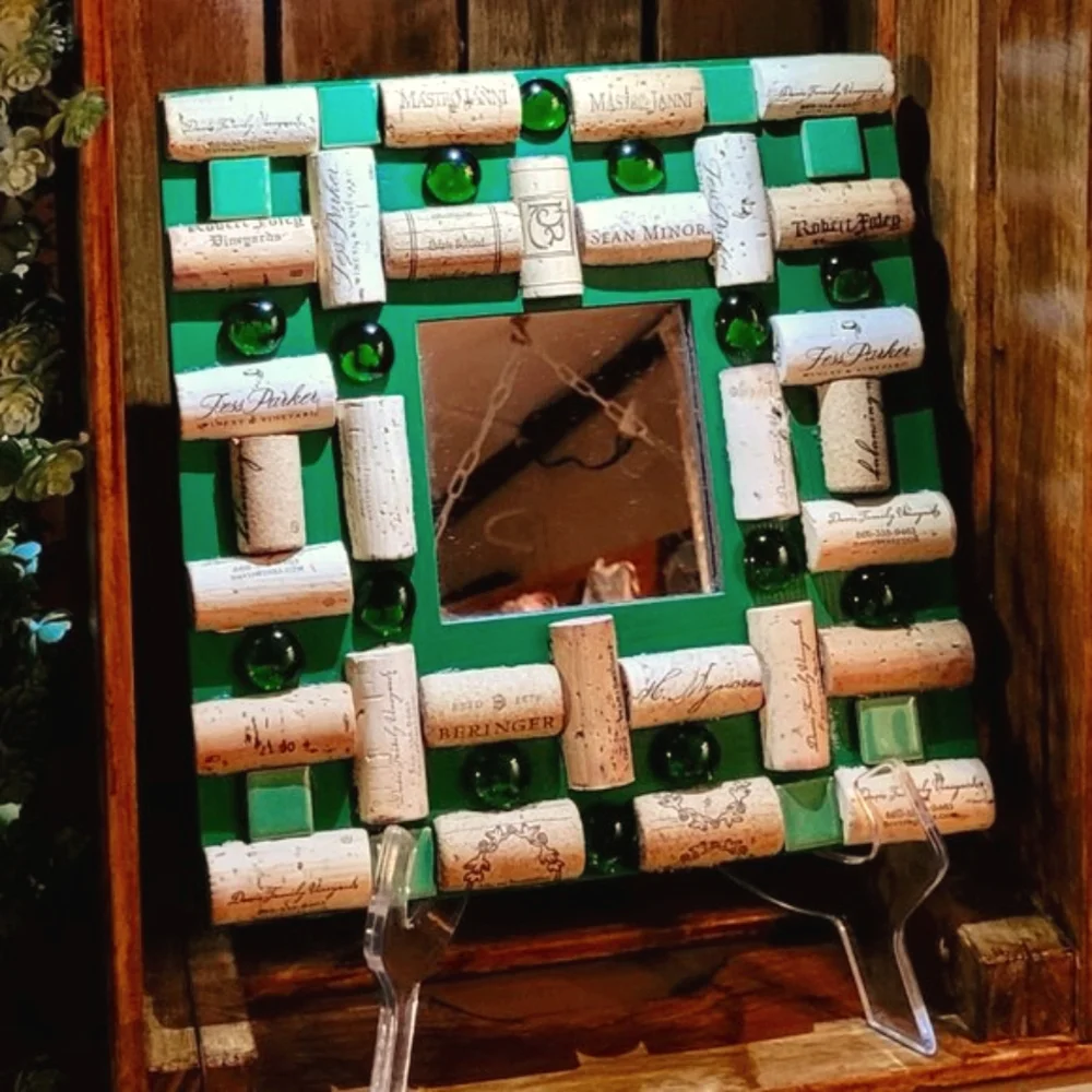 Green Round Cabochons Glass Mirror Decor with Wine Cork-NWT-Handmade
